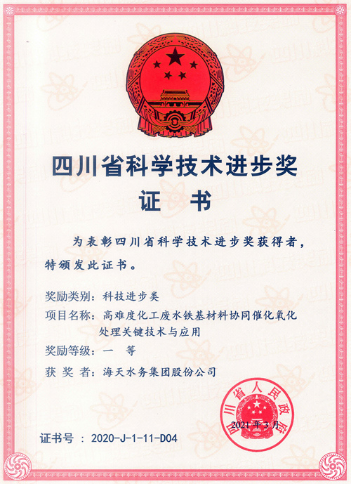 四川省科学技术进取奖-项目名称高难度化工废水铁基资料协同催化氧化处置关键技术与利用一等获焦剡金沙8087
